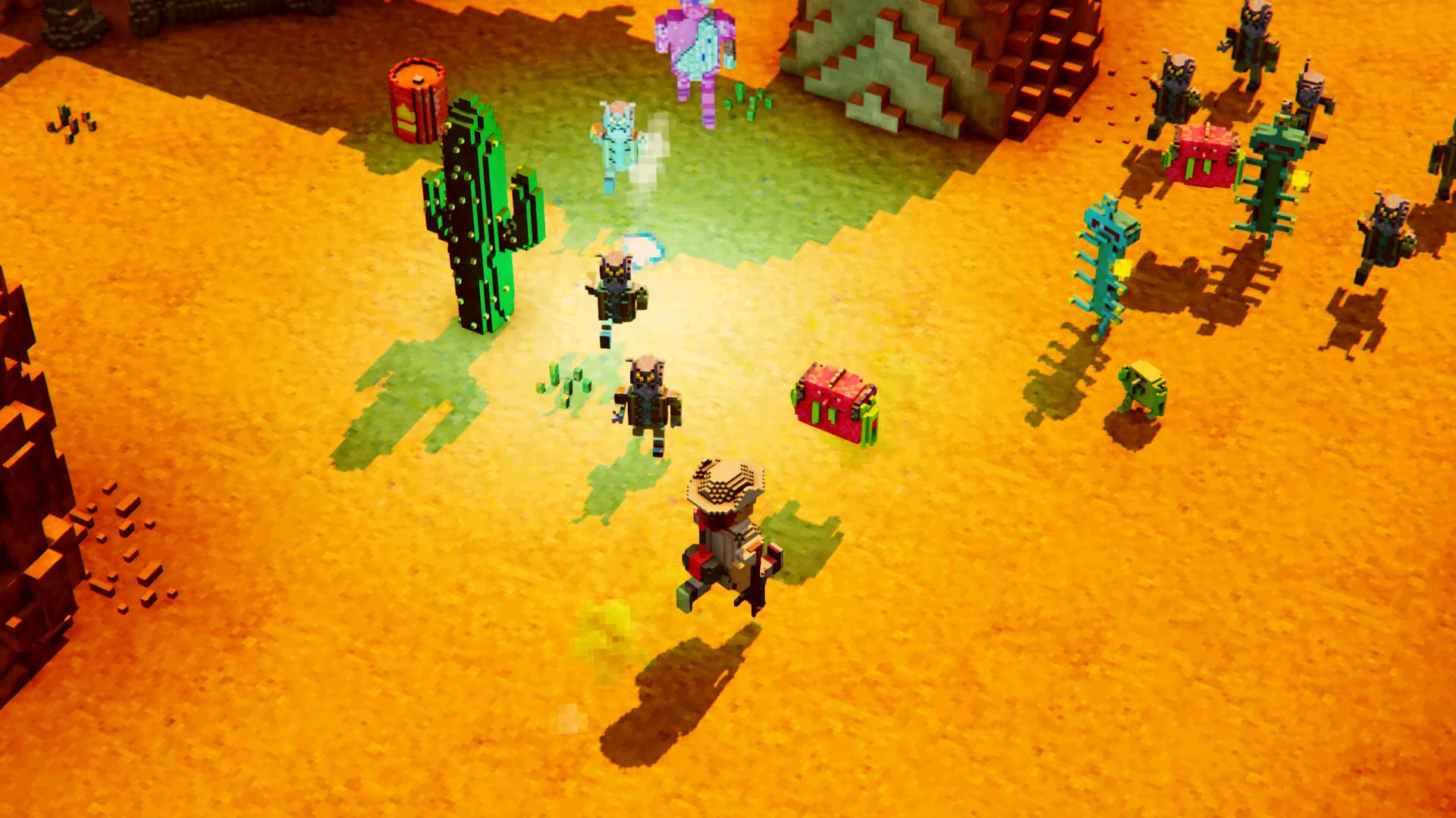 A settler fights off an alien pack at dusk on the dust flats — real in-game screenshot
