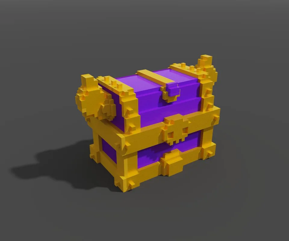 The sealed Founder's crate — a gold-banded voxel chest with a skull clasp